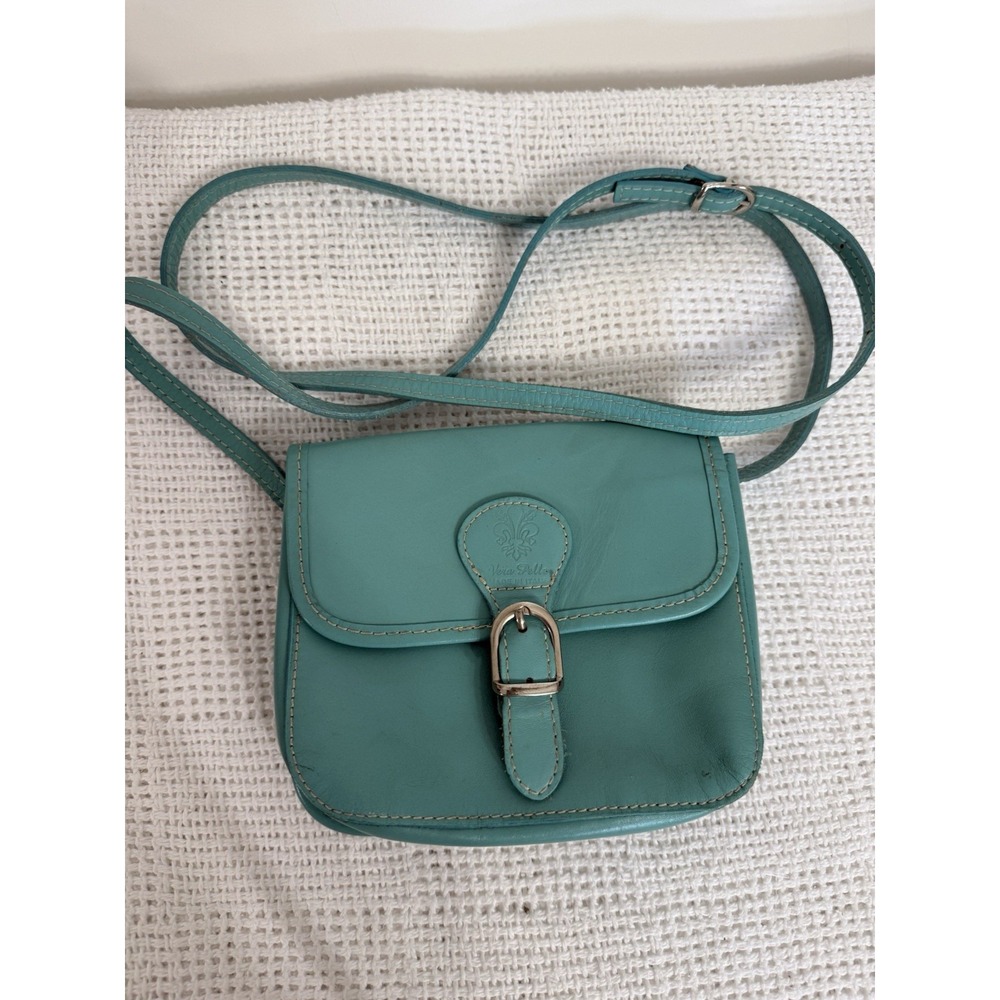 Vera Pelle Crossbody Bag Soft Italian Leather  Small Blue Teal Adjustable  Strap